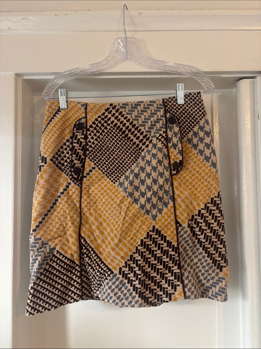 Maeve Geometric Patchwork Mini Skirt in Yellow, Gray & Black